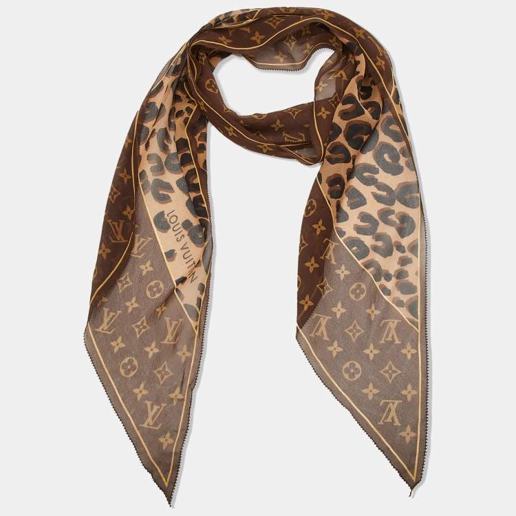 Pre Owned Louis Vuitton Brown Monogram and Leopard Print Silk Chiffon Bandeau Scarf