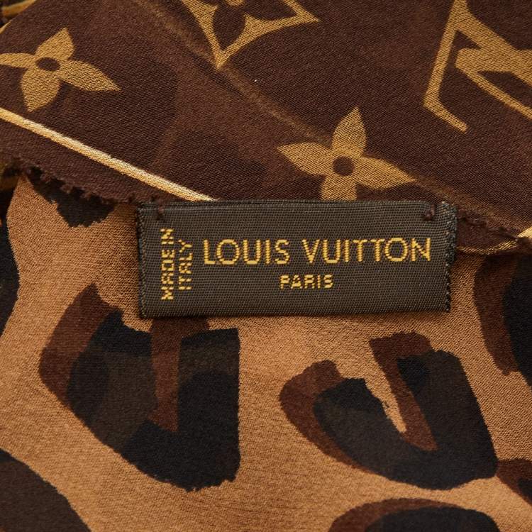 Pre Owned Louis Vuitton Brown Monogram and Leopard Print Silk Chiffon Bandeau Scarf