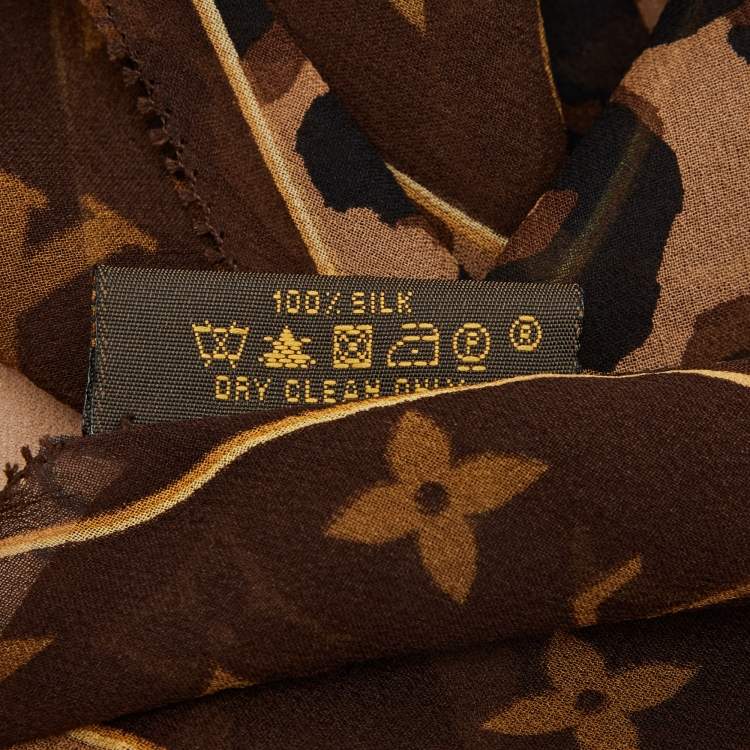 Pre Owned Louis Vuitton Brown Monogram and Leopard Print Silk Chiffon Bandeau Scarf