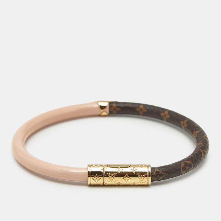 Pre Owned Louis Vuitton Daily Confidential Monogram Leather Canvas Gold Tone Bracelet