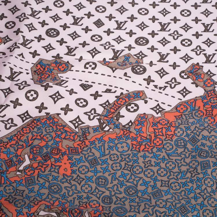 Pre Owned Louis Vuitton Pale Pink Monogram World Map Print Silk Square Scarf