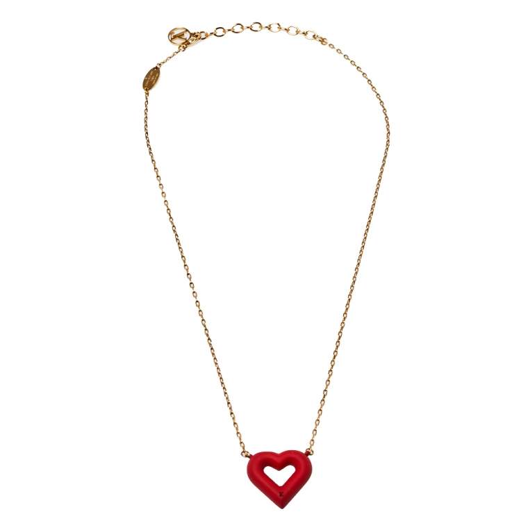 Louis Vuitton LV & V Red Heart Charm Gold Tone Necklace Louis Vuitton