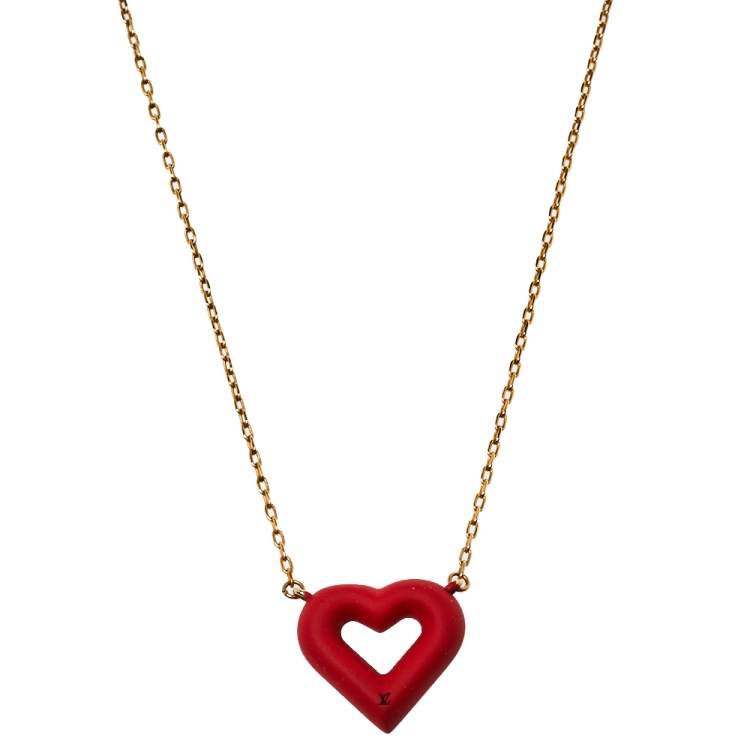 Louis Vuitton LV & V Red Heart Charm Gold Tone Necklace Louis Vuitton
