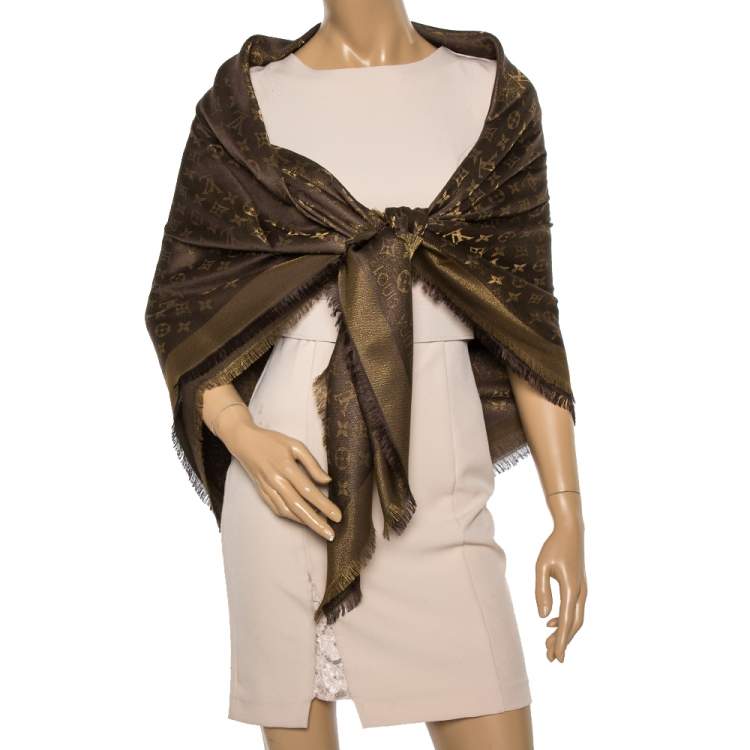 Louis Vuitton Brown Monogram Silk and Wool Shine Shawl For Sale at