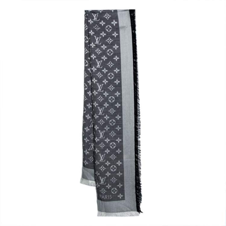 LOUIS VUITTON Silk Wool Monogram Denim Shawl Black 1229692