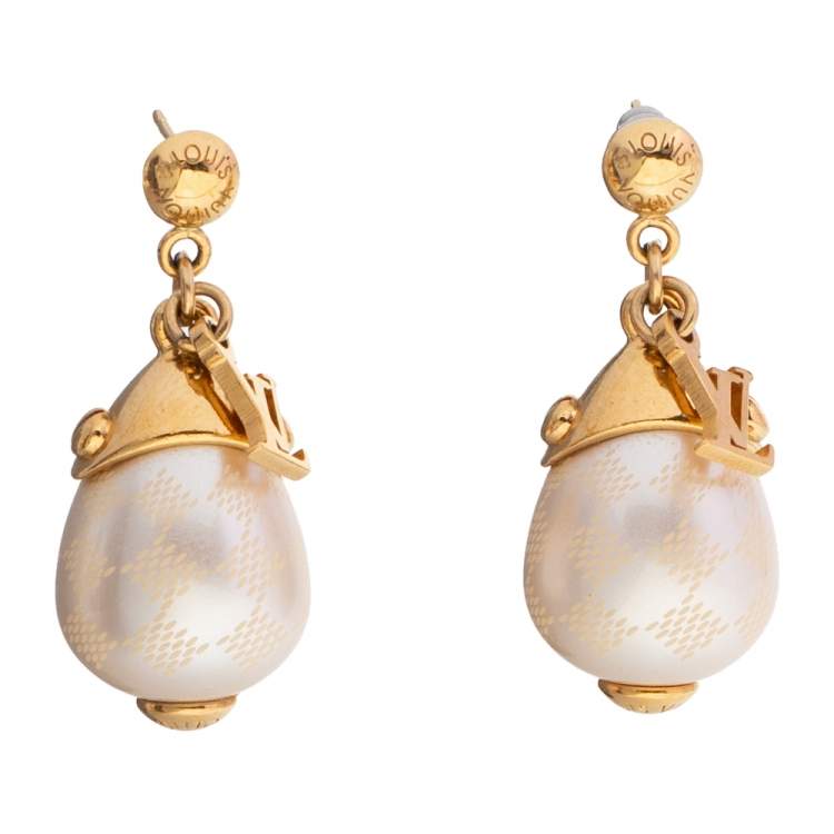 Louis Vuitton Gold Tone Damier Perle Drop Earrings Louis Vuitton