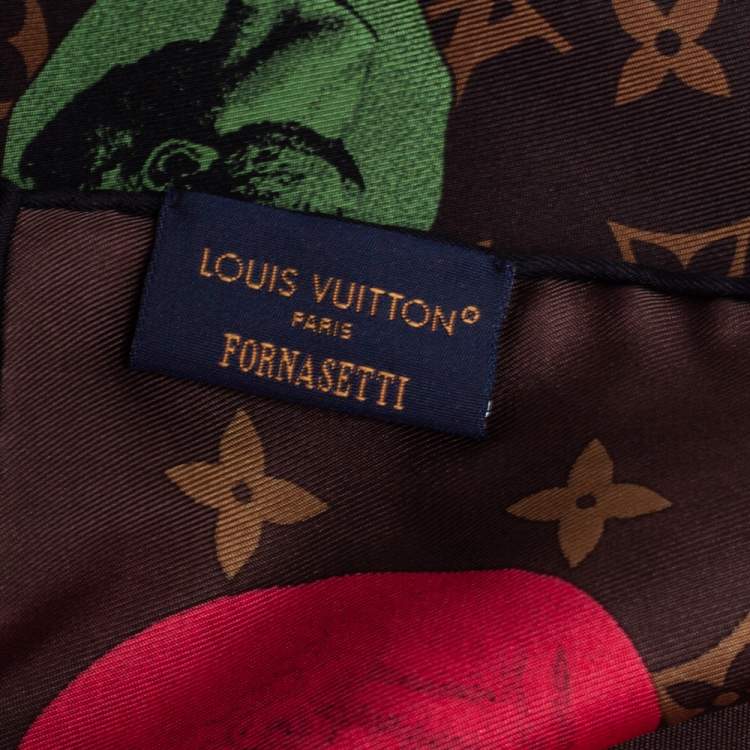 Pre Owned Louis Vuitton X Fornasetti Brown Monogram Silk Cameo Square Scarf