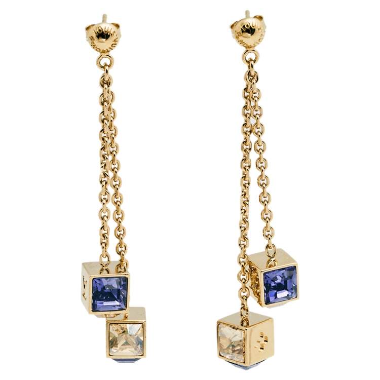 Louis Vuitton Gamble Crystal Gold Tone Long Drop Earrings Louis Vuitton