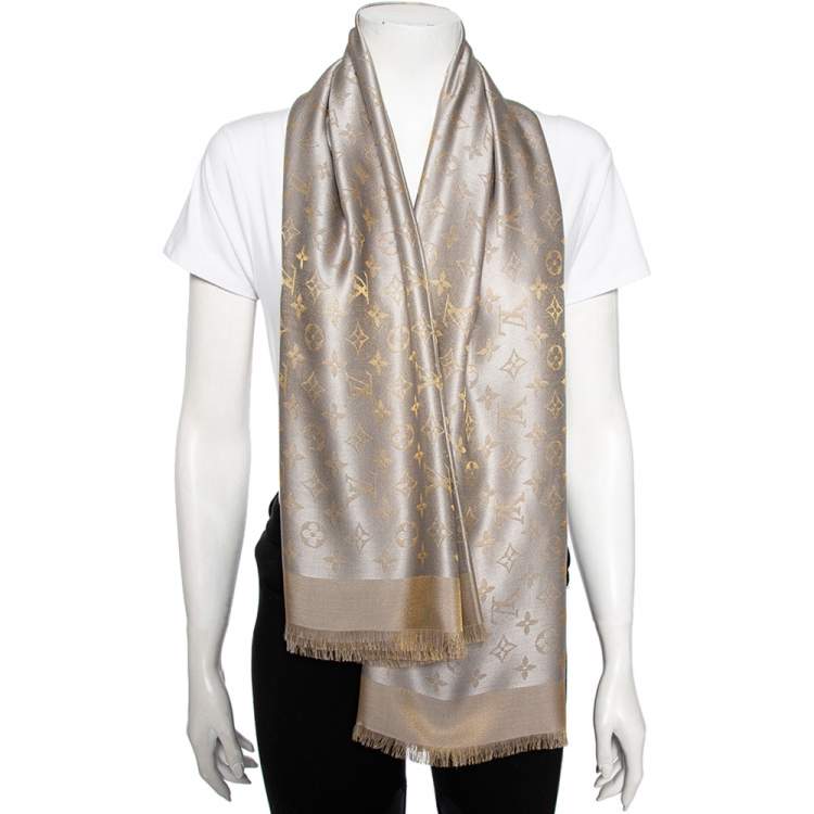 Louis Vuitton Monogram Shine Shawl Greige Silk