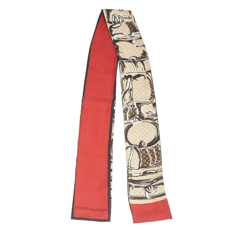 Louis Vuitton Red and Beige Monogram Trunks Silk Bandeau Scarf