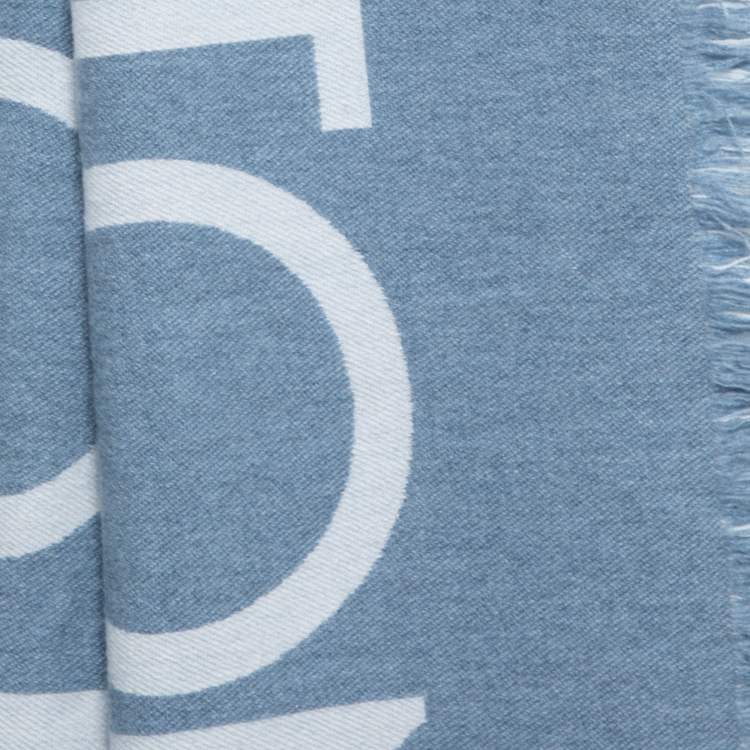 Pre Owned Louis Vuitton Blue Intarsia Wool & Cashmere Knit Fringed Muffler 