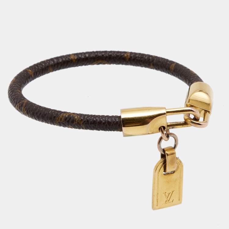 Authentic Louis Vuitton Leather Monogram LV Tag Bracelet 19cm