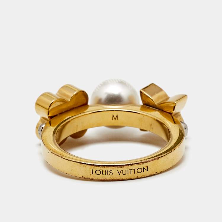 Pre Owned Louis Vuitton Gold Tone Faux Pearl Monogram Ring M