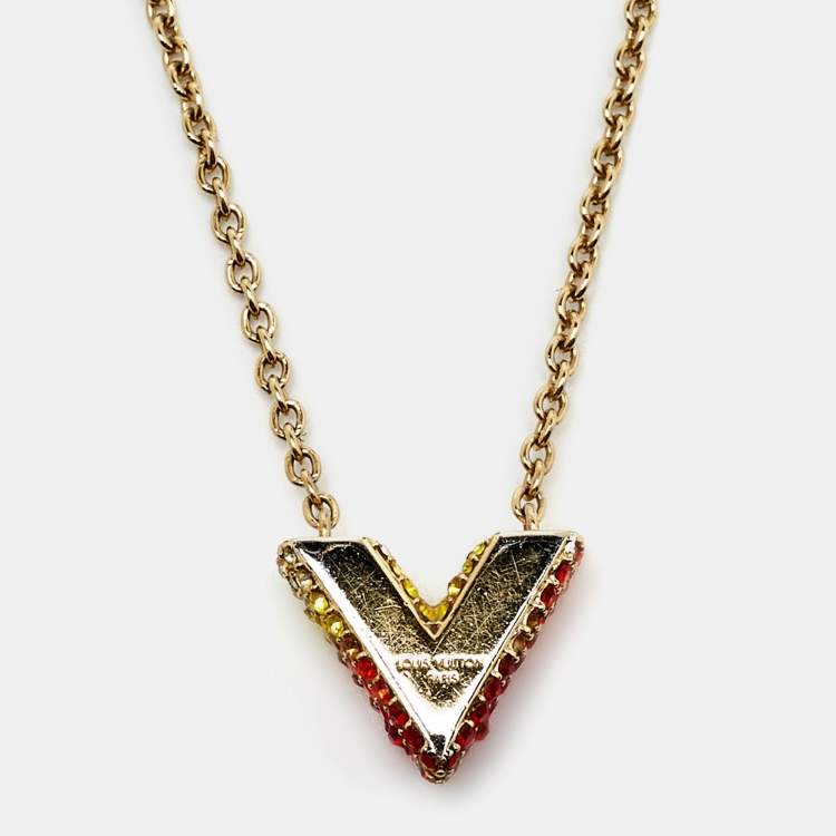 Pre Owned Louis Vuitton Essential V  Crystals Gold Tone Chain Necklace