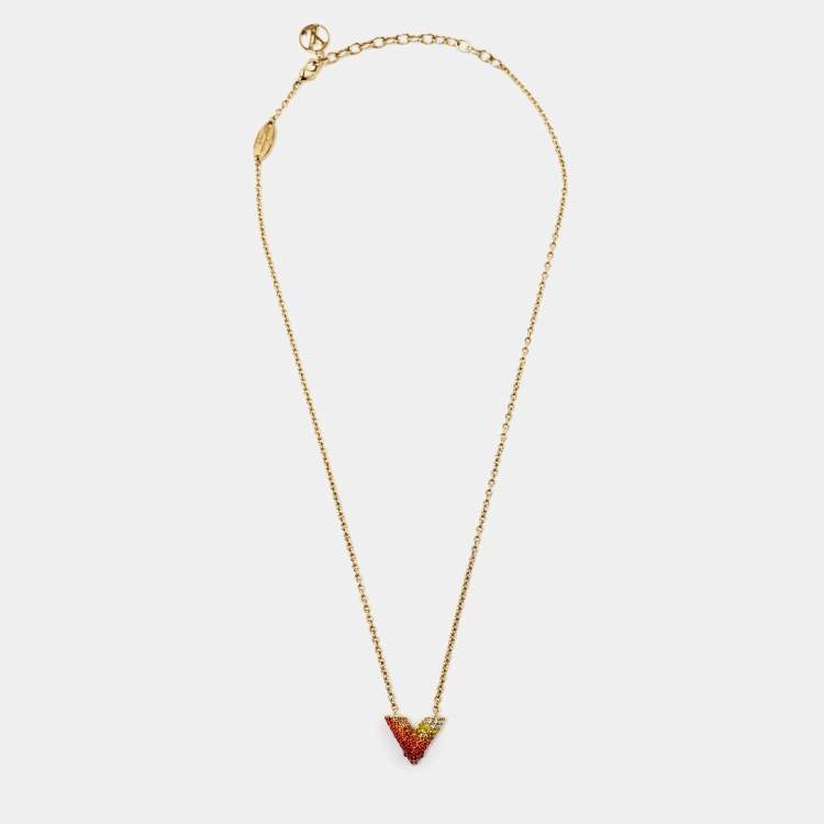 Pre Owned Louis Vuitton Essential V  Crystals Gold Tone Chain Necklace