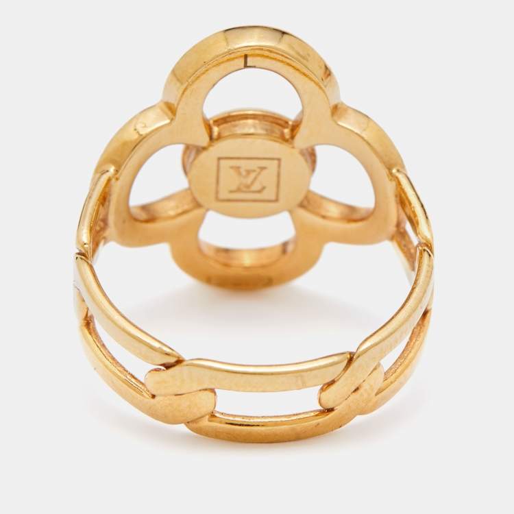 Pre Owned Louis Vuitton Gold Tone Crystal Monogram Flower Ring Size 55