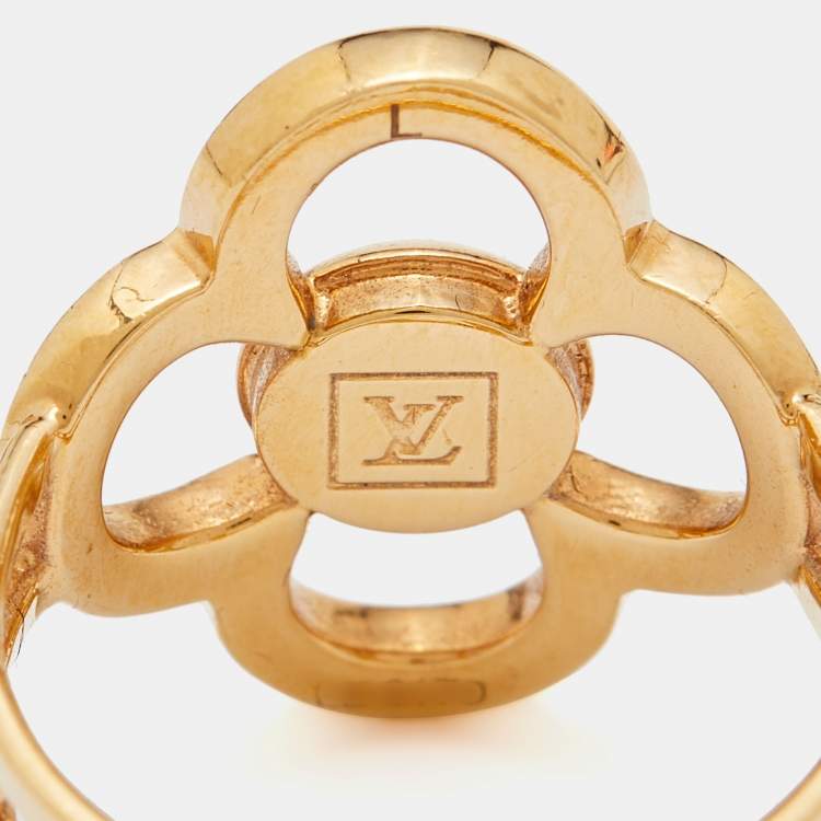 Pre Owned Louis Vuitton Gold Tone Crystal Monogram Flower Ring Size 55