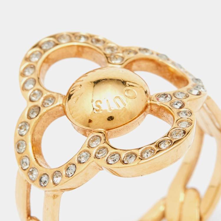 Pre Owned Louis Vuitton Gold Tone Crystal Monogram Flower Ring Size 55