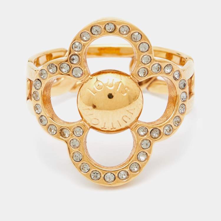 Louis Vuitton Gold Tone Crystal Monogram Flower Ring Size 55 Louis Vuitton