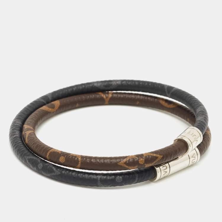 Pre Owned Louis Vuitton Keep It Double Canvas Silver Tone Wrap Bracelet