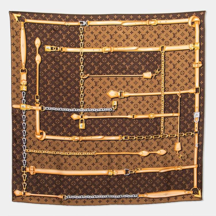 Authentic Louis Vuitton Monogram 100% Silk Brown 90 x 90cm Scarf