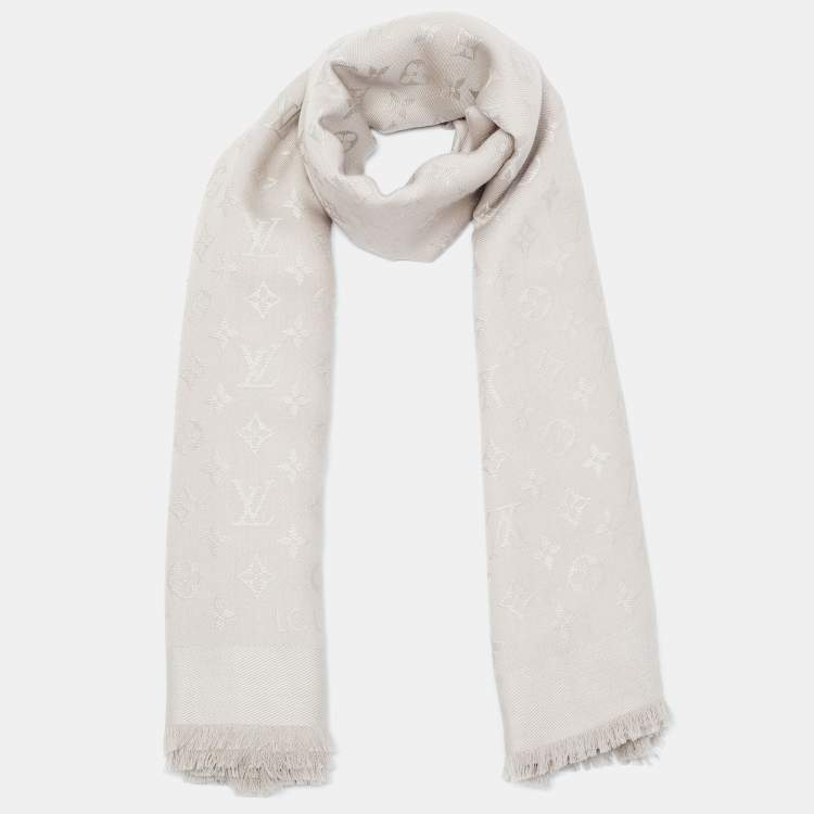 Pre Owned Louis Vuitton Greige Monogram Silk Wool Shawl