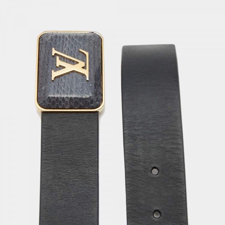 Pre Owned Louis Vuitton Navy Blue Leather and Snakeskin Logo Buckle Belt 80CM