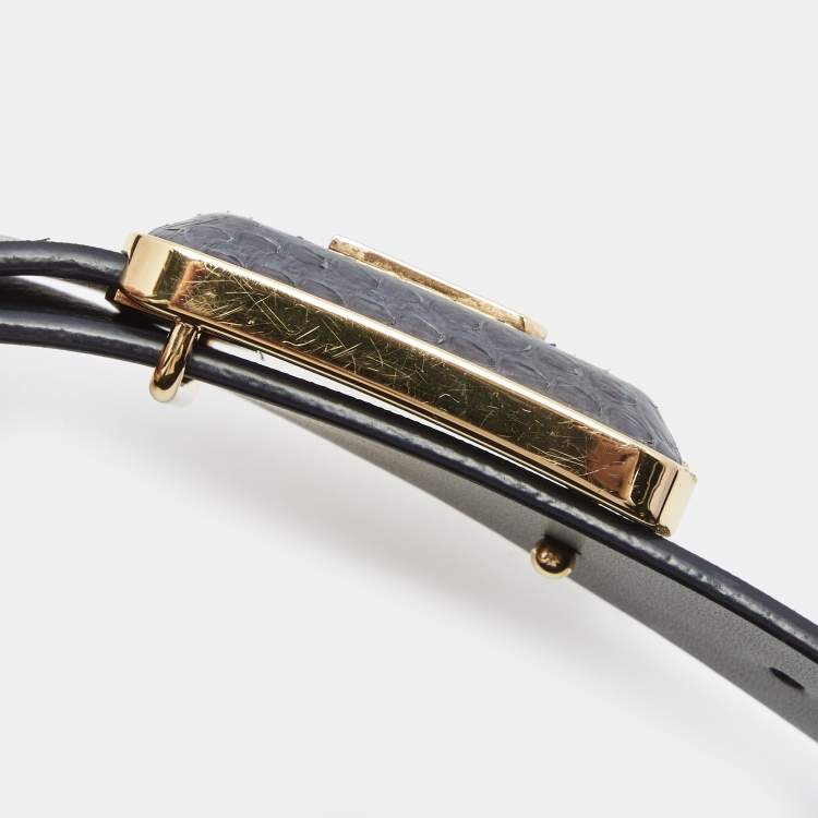 Pre Owned Louis Vuitton Navy Blue Leather and Snakeskin Logo Buckle Belt 80CM