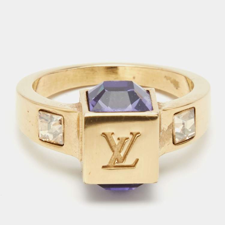Pre Owned Louis Vuitton Gamble Crystals Gold Tone Ring Size 50