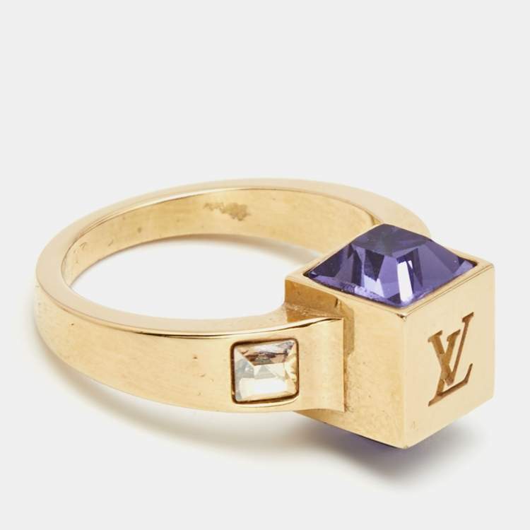 Pre Owned Louis Vuitton Gamble Crystals Gold Tone Ring Size 50