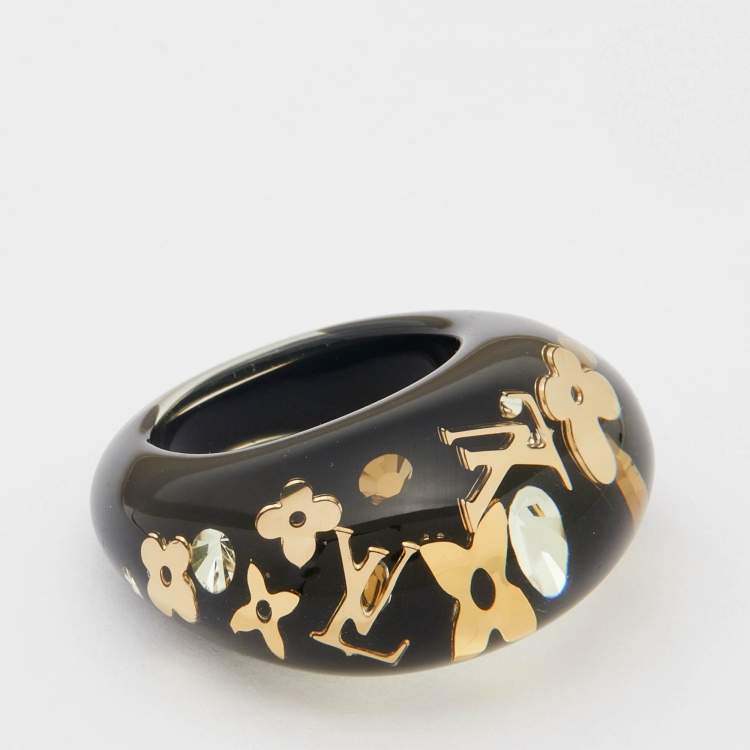 مملوكة مسبقًا Louis Vuitton Black Resin Gold Tone Monogram Inclusion Ring Size 56