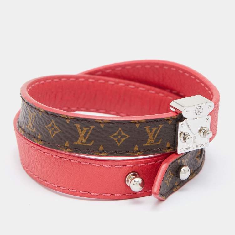 Pre Owned Louis Vuitton Pink Leather & Brown Monogram Canvas Lockit Double Wrap Bracelet