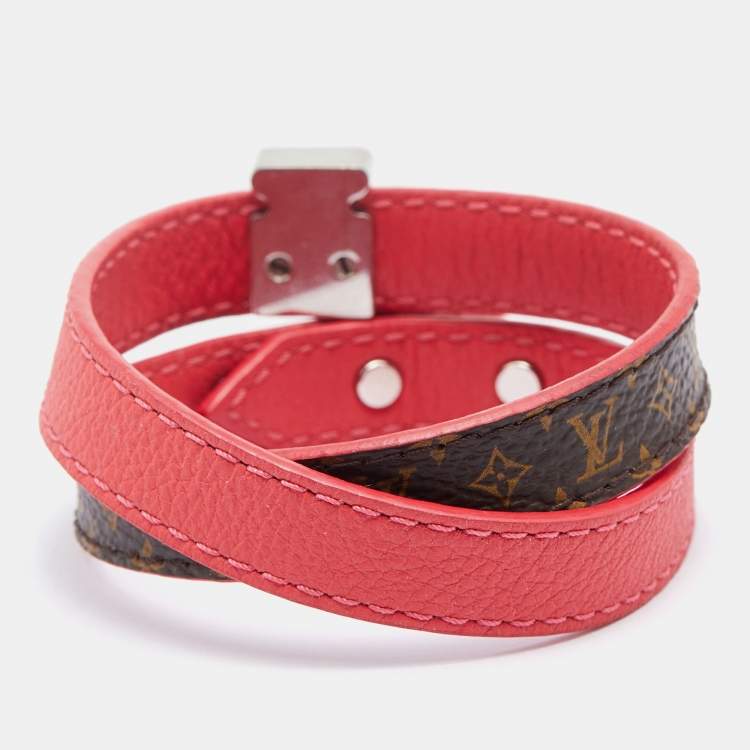 Pre Owned Louis Vuitton Pink Leather & Brown Monogram Canvas Lockit Double Wrap Bracelet