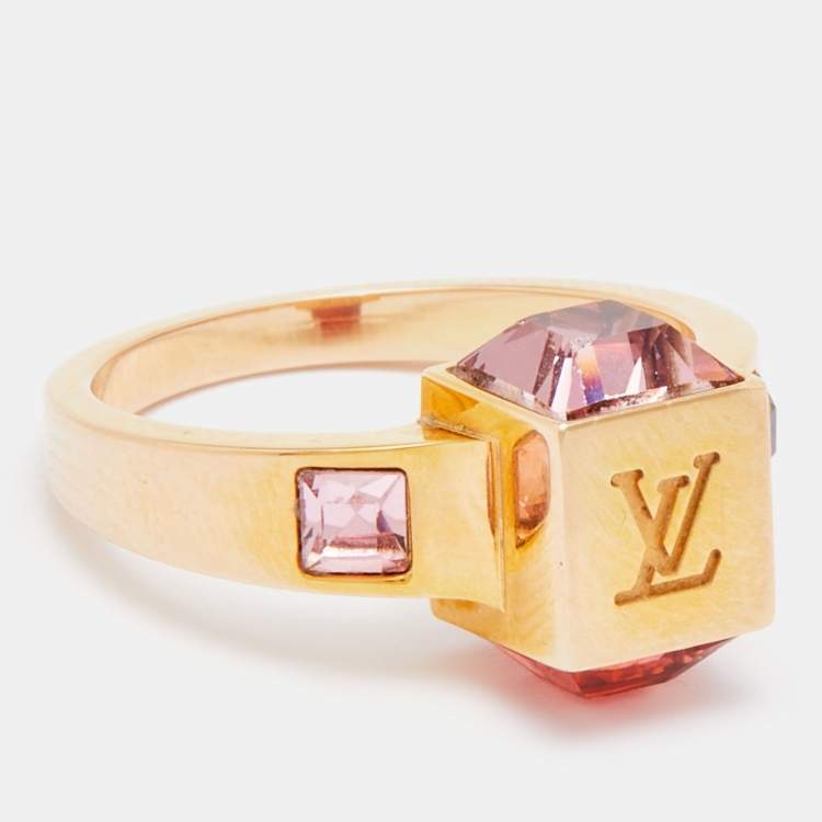 Pre Owned Louis Vuitton Gamble Crystal Gold Tone Ring Size EU 53