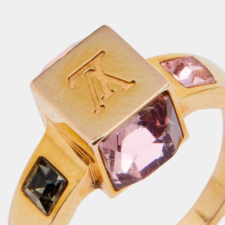 Pre Owned Louis Vuitton Gamble Crystal Gold Tone Ring Size EU 53