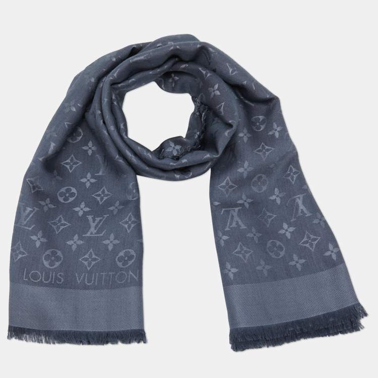 Pre Owned Louis Vuitton Dark Grey Monogram Silk & Wool Classique Shawl