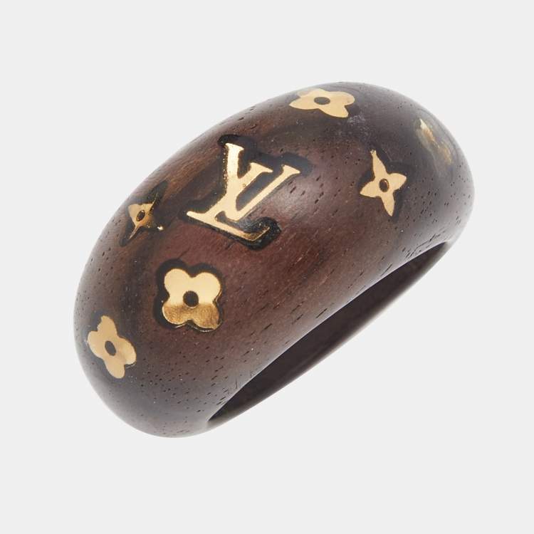 Pre Owned Louis Vuitton Gold Tone Monogram Wood Ring Size 56