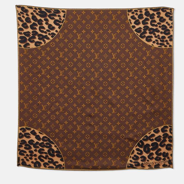 Louis Vuitton Brown Monogram and Leopard Print Silk Square Scarf