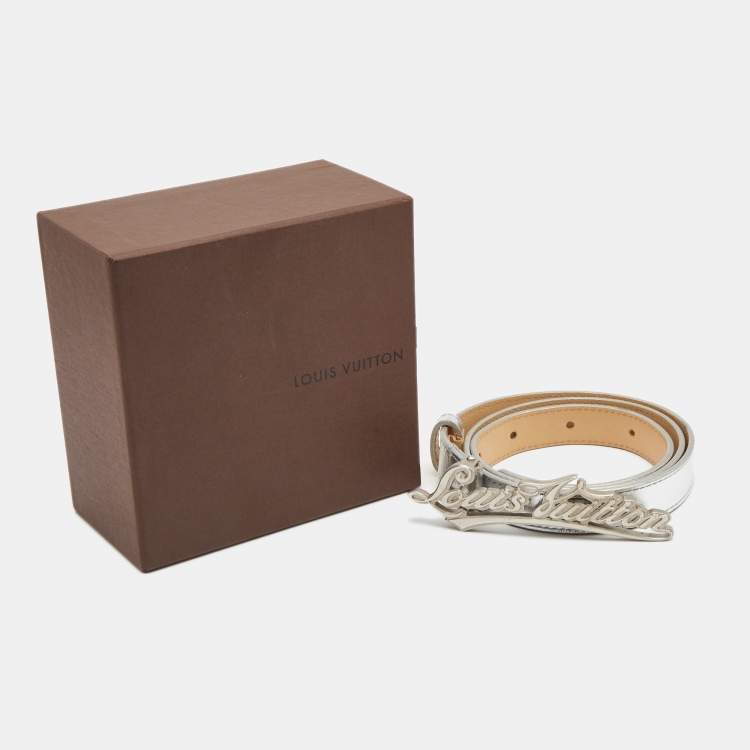 Pre Owned Louis Vuitton Silver Leather Cursive Script Belt 80CM