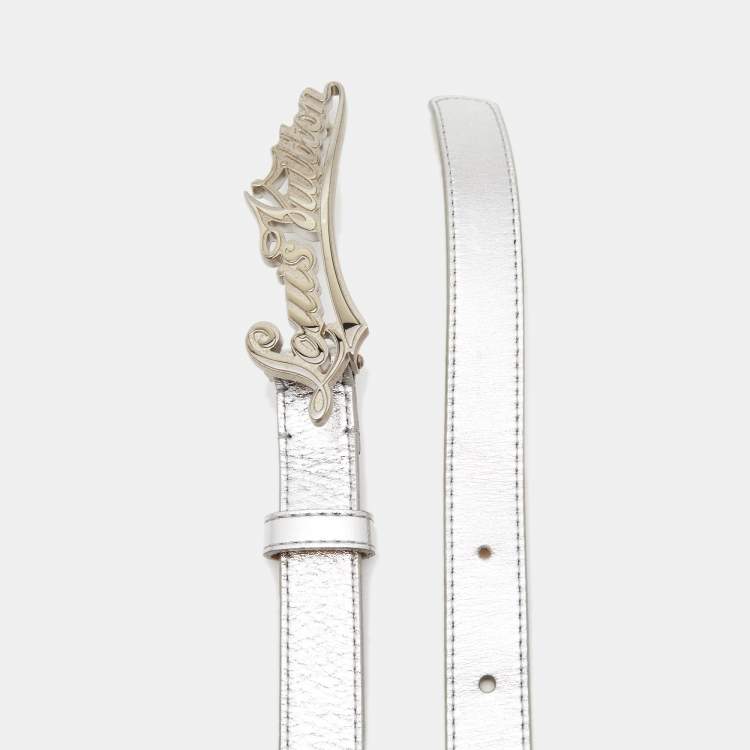 Pre Owned Louis Vuitton Silver Leather Cursive Script Belt 80CM