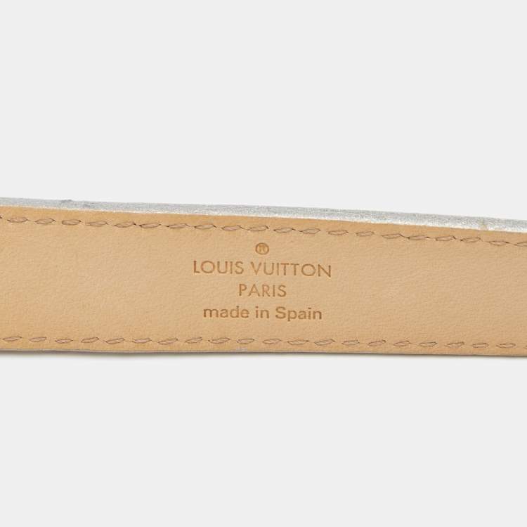 Pre Owned Louis Vuitton Silver Leather Cursive Script Belt 80CM