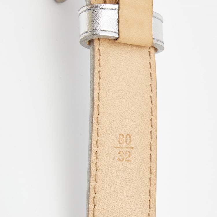 Pre Owned Louis Vuitton Silver Leather Cursive Script Belt 80CM