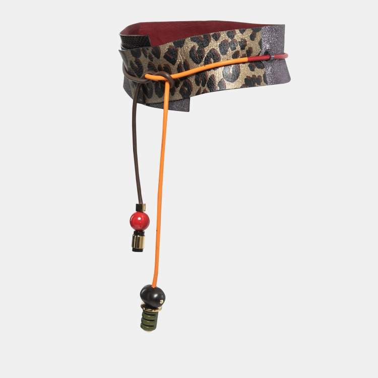 Pre Owned Louis Vuitton Multicolor Leopard Print Leather and Watersnake Wide Tie Belt 
