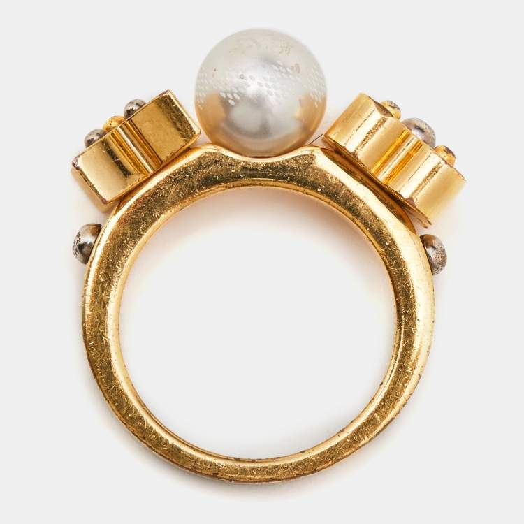 Pre Owned Louis Vuitton Gold Tone Monogram Faux Pearl Ring S