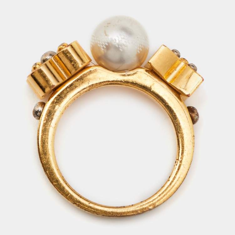 Pre Owned Louis Vuitton Gold Tone Monogram Faux Pearl Ring S