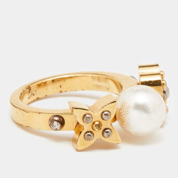 Pre Owned Louis Vuitton Gold Tone Monogram Faux Pearl Ring S