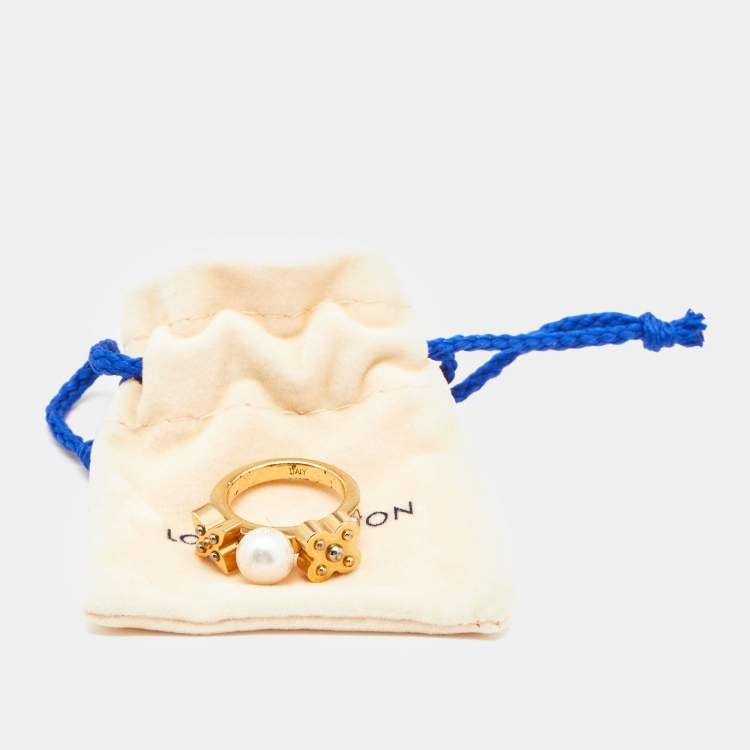 Pre Owned Louis Vuitton Gold Tone Monogram Faux Pearl Ring S