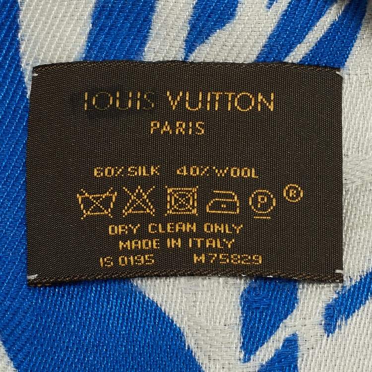 Pre Owned Louis Vuitton Light Grey & Blue Bag Printed Silk & Wool Scarf