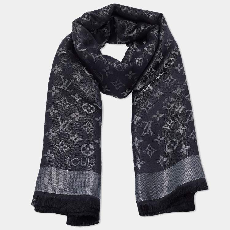 Pre Owned Louis Vuitton Black Silk & Wool Monogram Shine Shawl
