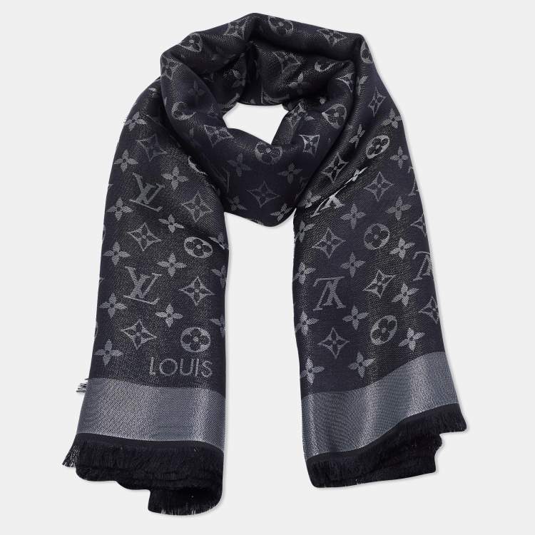 Pre Owned Louis Vuitton Black Silk & Wool Monogram Shine Shawl